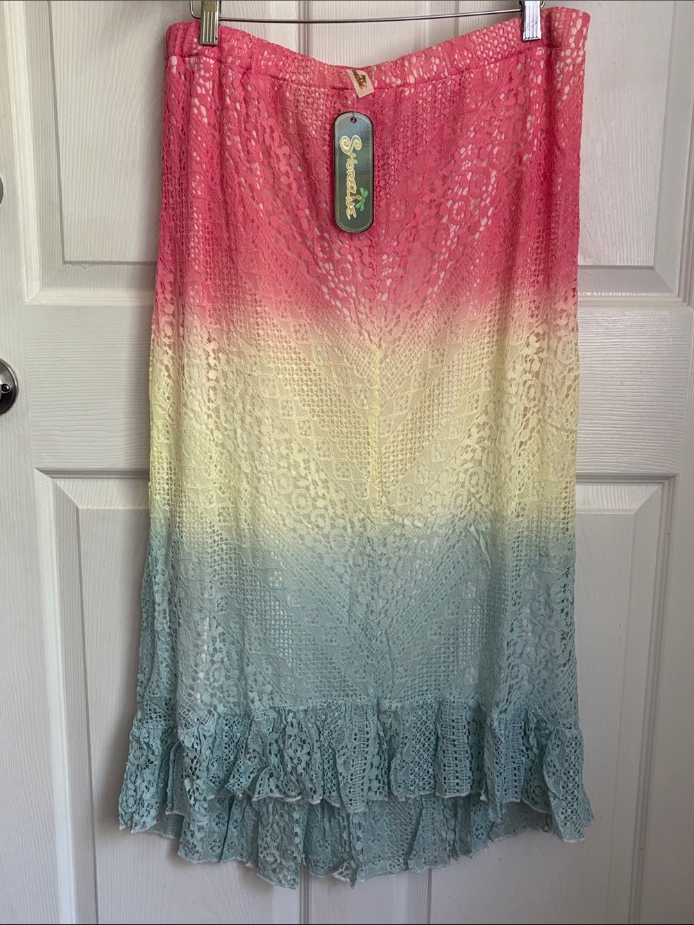 NEW Shoreline Ombre Lace Maxi Skirt Pink Cream & Blue lined sz 1X resort beach